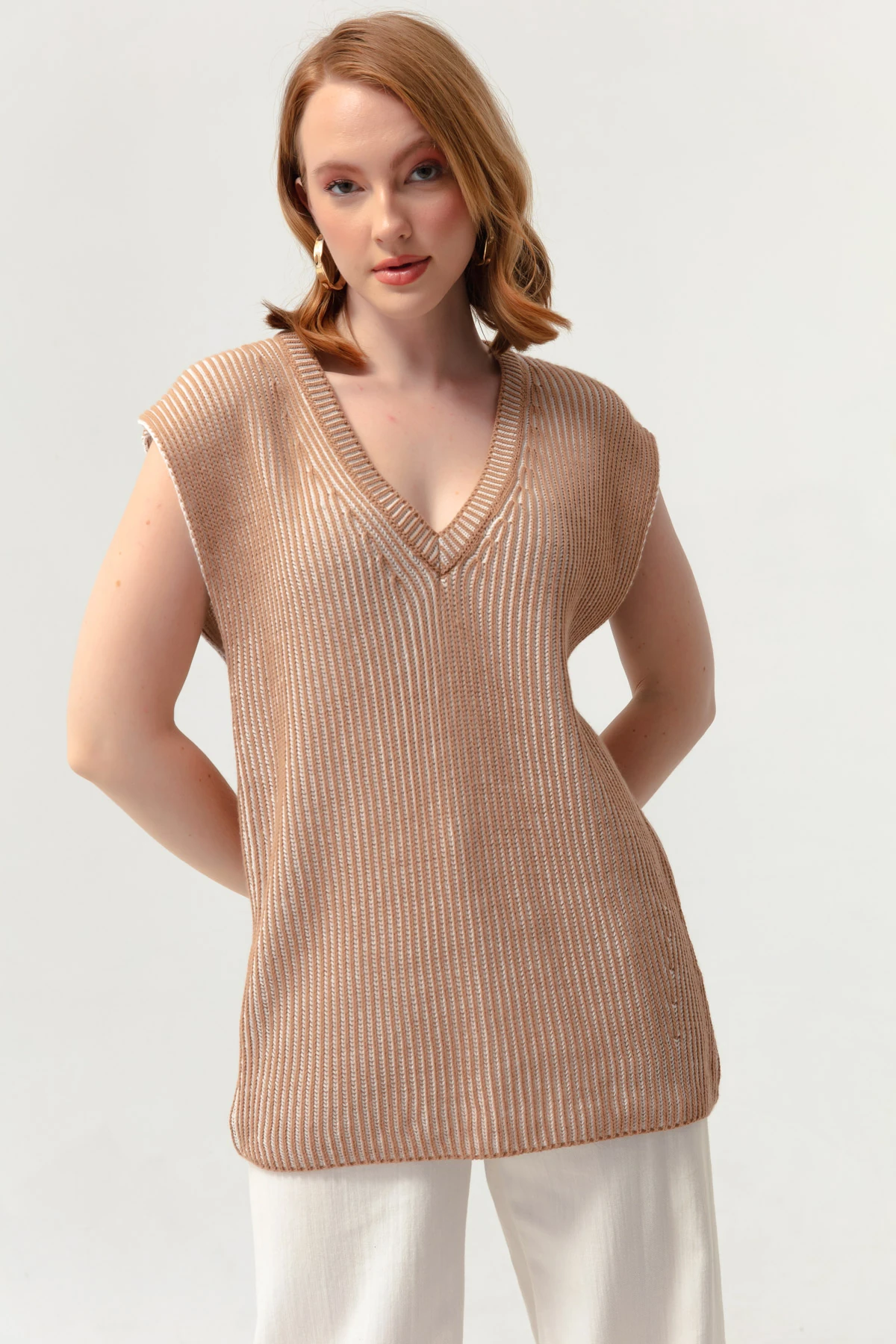 Kadın Yürütme Desen Triko Süveter - Taba