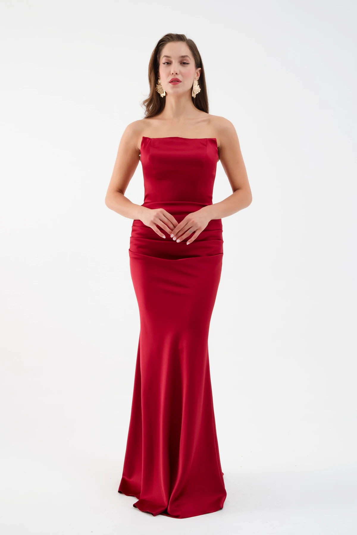 Kadın Straplez Uzun Saten Söz Nişan Abiye Elbise - Bordo