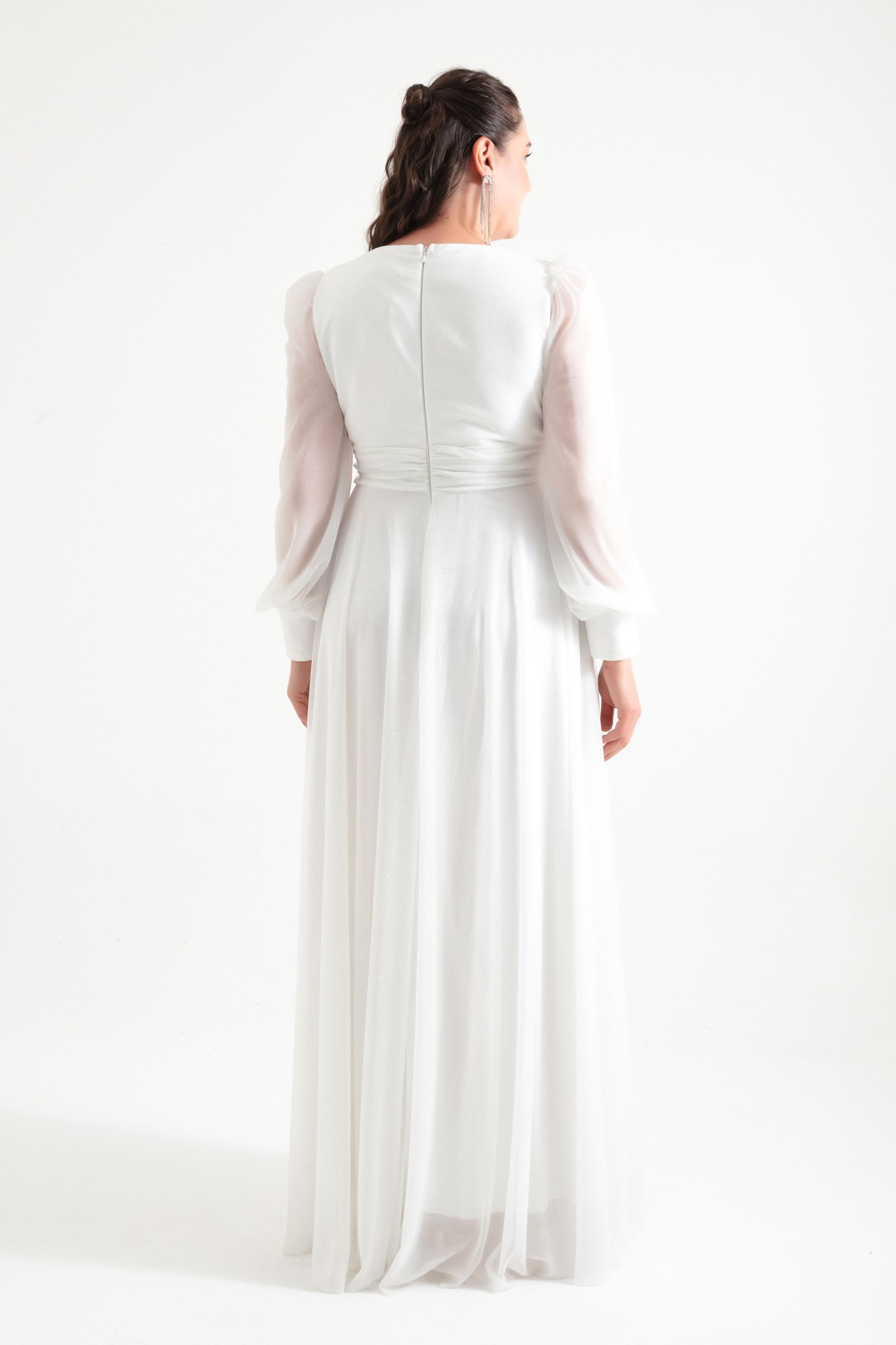 Kadın V Yaka Simli Uzun Büyük Beden Abiye Elbise - Beyaz