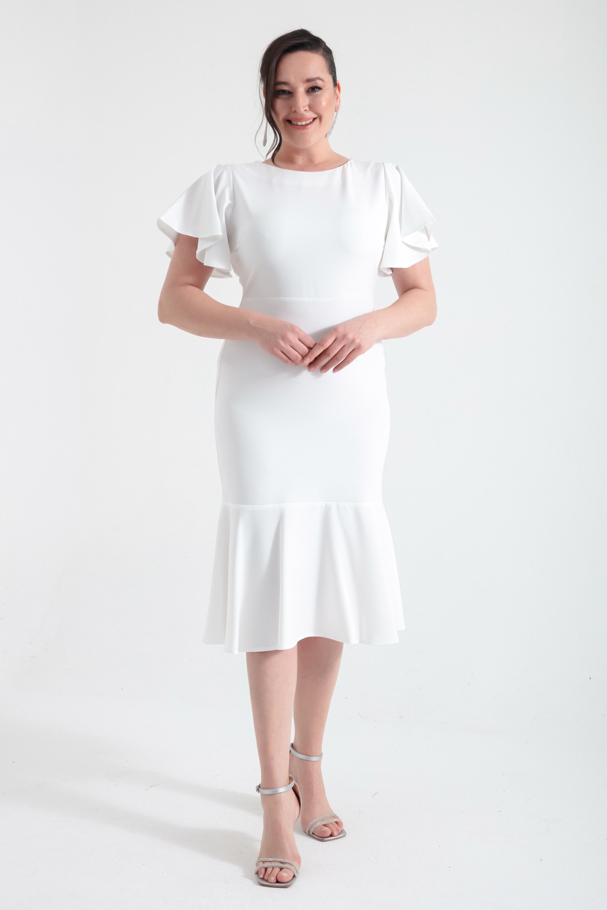 Kadın Büyük Beden Volanlı Elbise - Beyaz