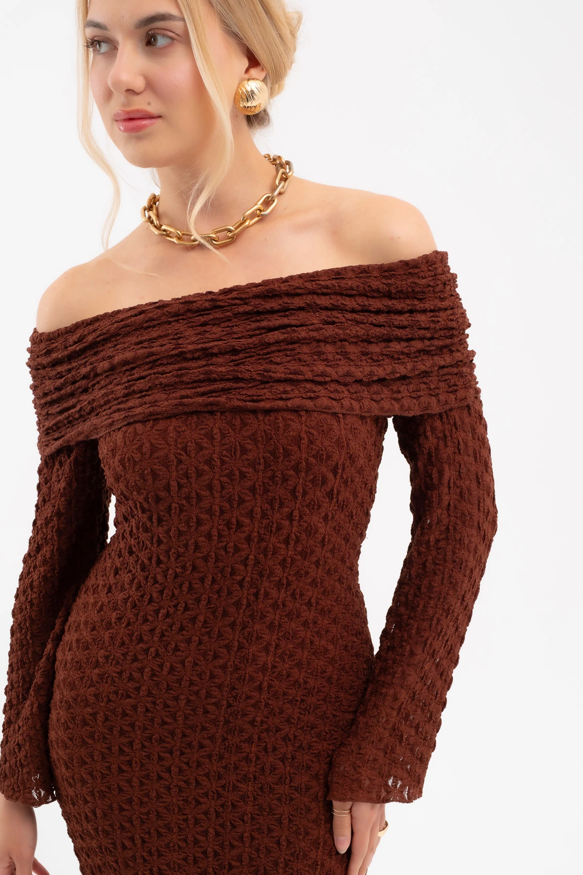 Kadın Açık Omuz Uzun Dantel Elbise