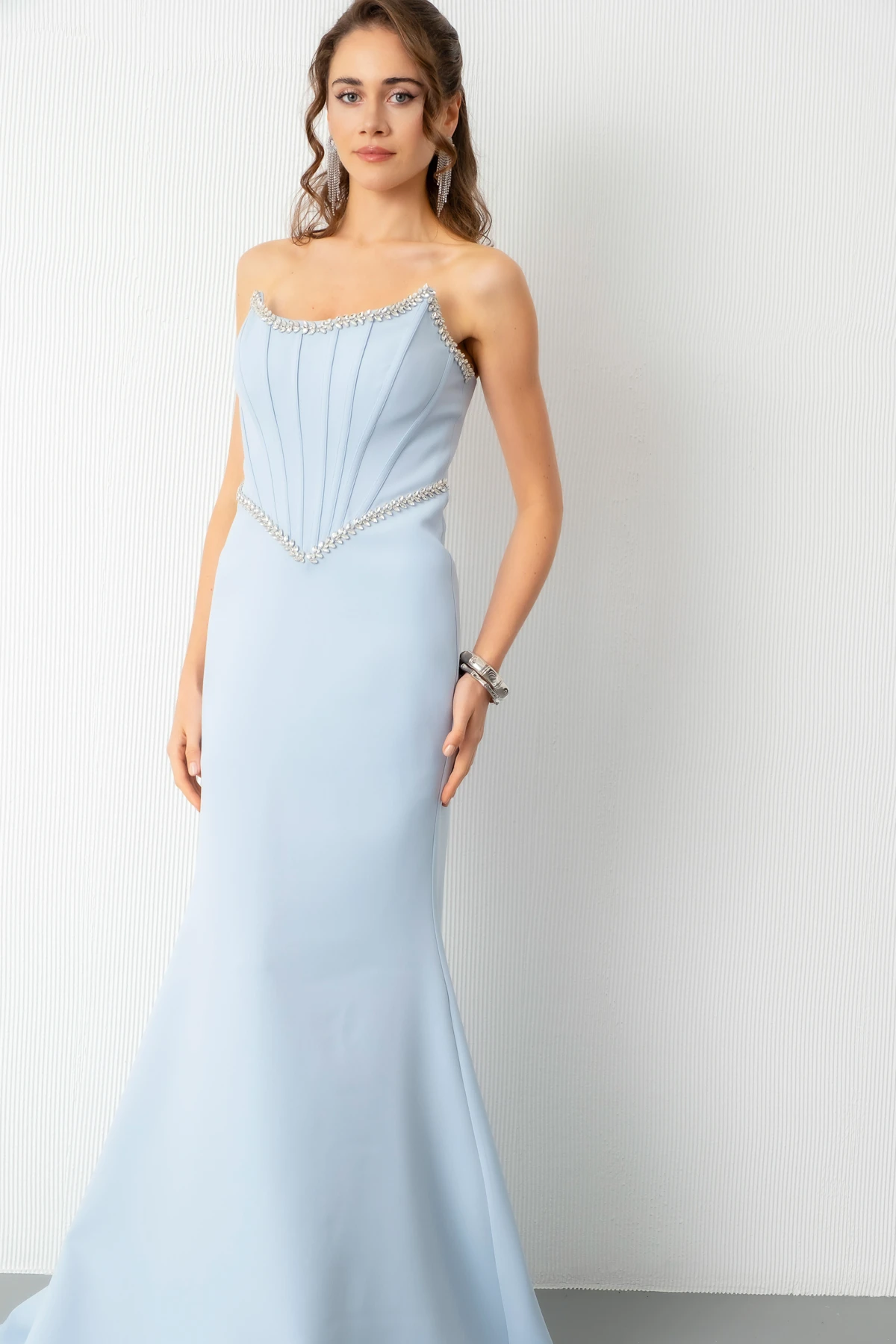 Kadın Straplez Taşlı Peplum Kesim Söz Nişan Nikah Abiye Elbise - Bebe Mavi