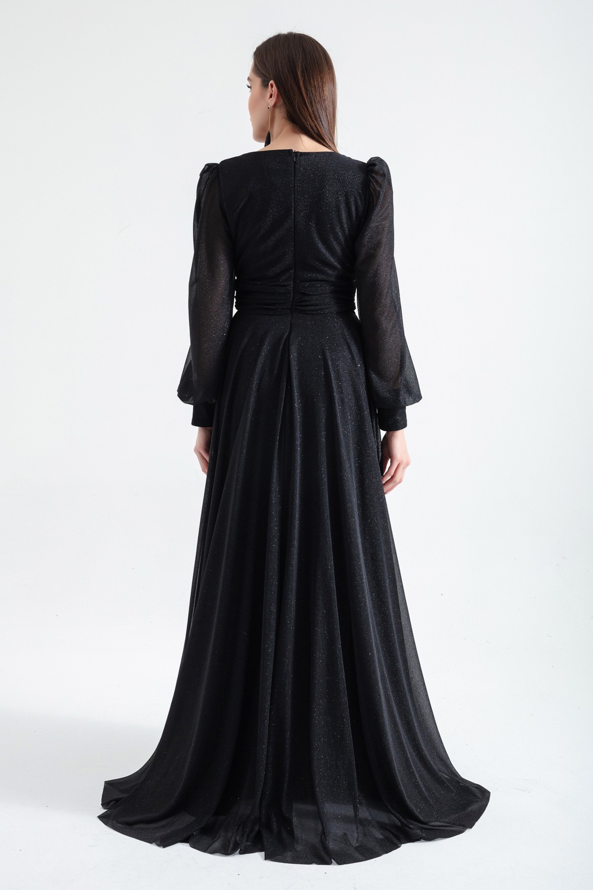 Kadın V Yaka Simli Uzun Abiye Elbise - Siyah