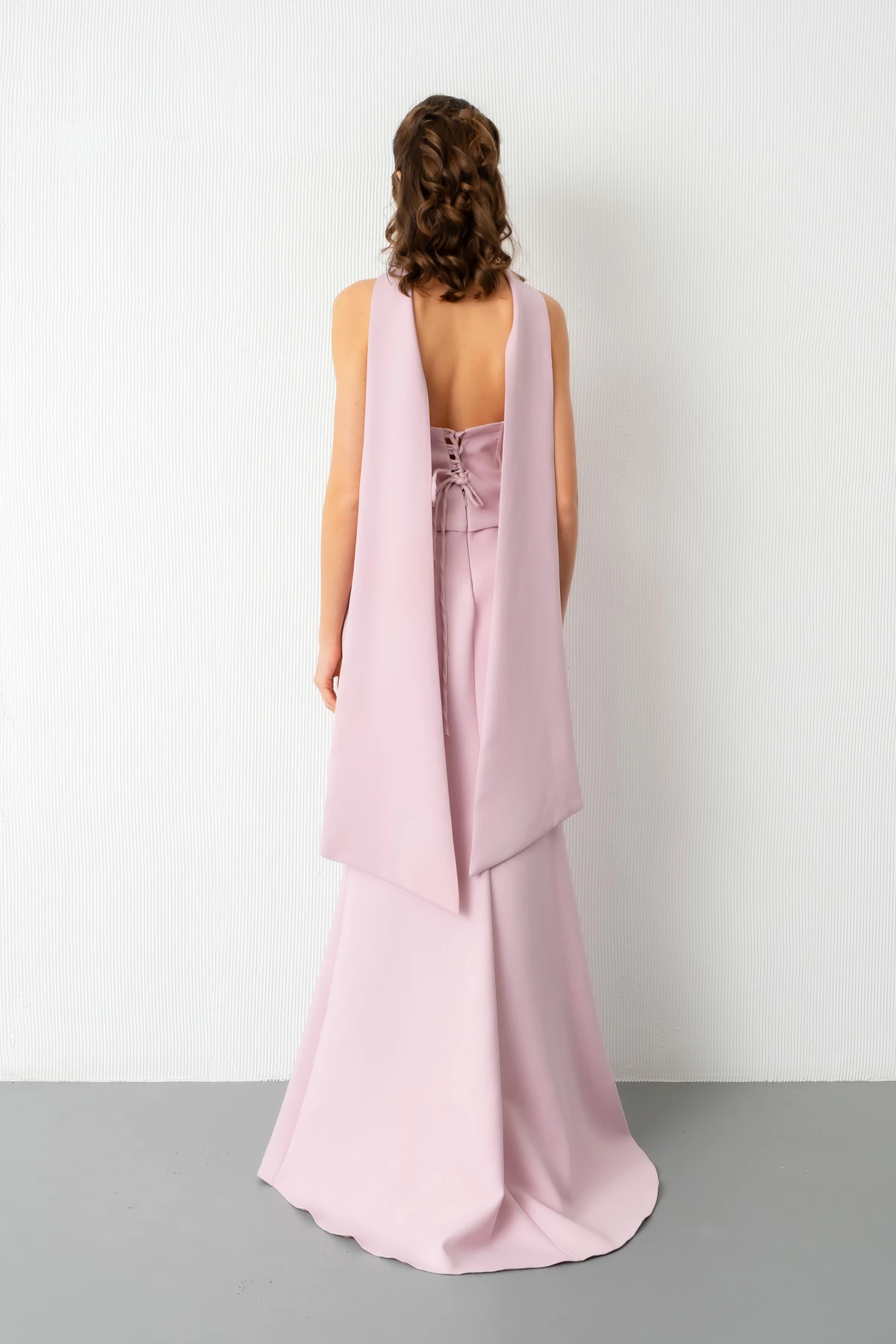 Kadın Güpür Aplikeli Balen Korse Detay Uzun Söz Nişan Abiye Elbise - Pudra