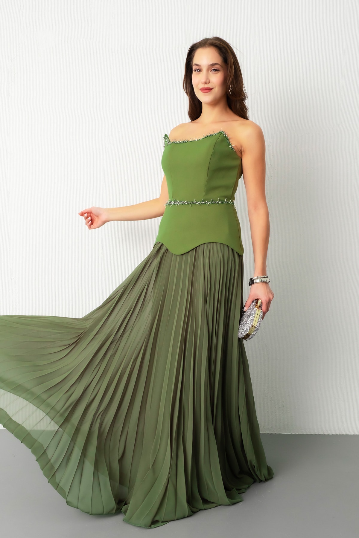 Kadın Straplez Yaka Taşlı Piliseli Uzun Abiye Elbise - Haki