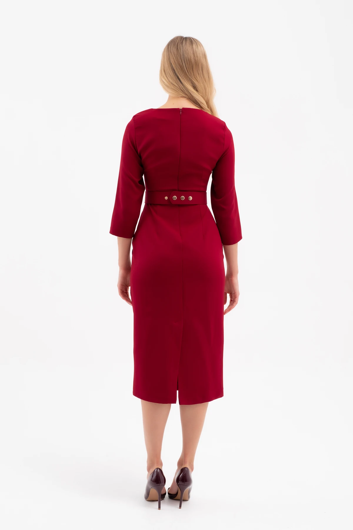 Kadın Kemer Detay Midi Davet Elbisesi - Bordo