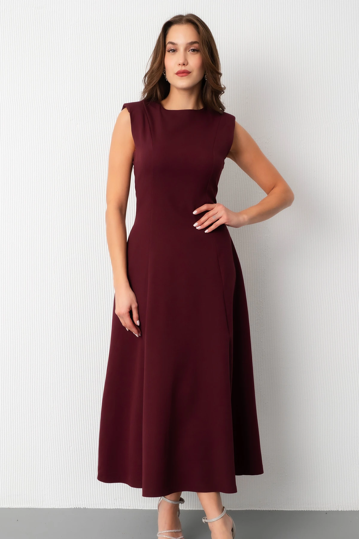 Kadın Vatkalı Midi Davet Elbisesi - Mürdüm