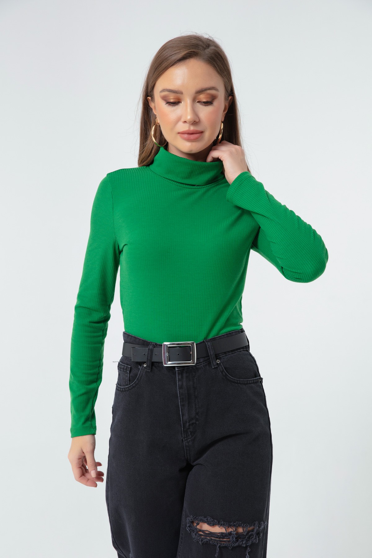 Kadın Balıkçı Yaka Örme Bluz - Yeşil