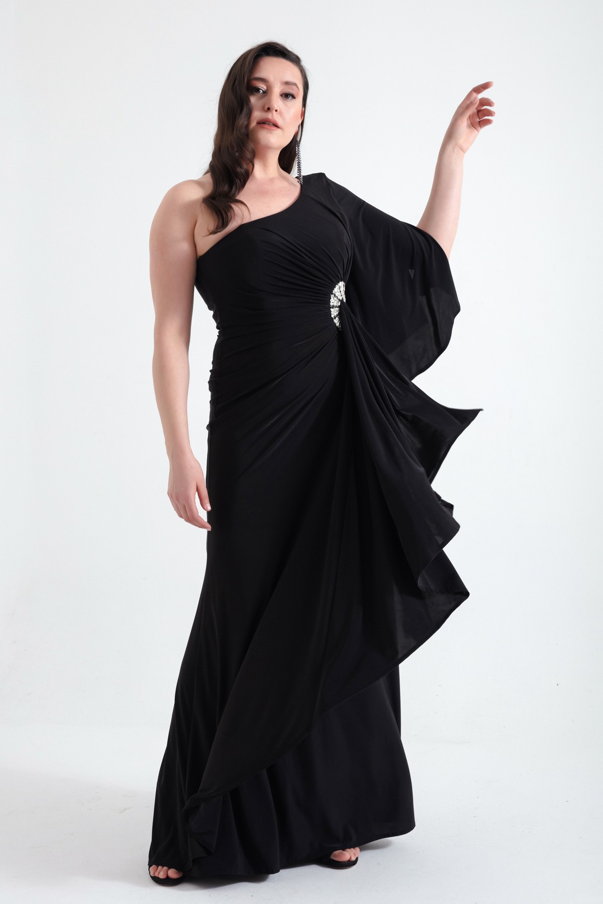 Kadın Tek Omuzlu Taş Detaylı Uzun Abiye Elbise - Siyah