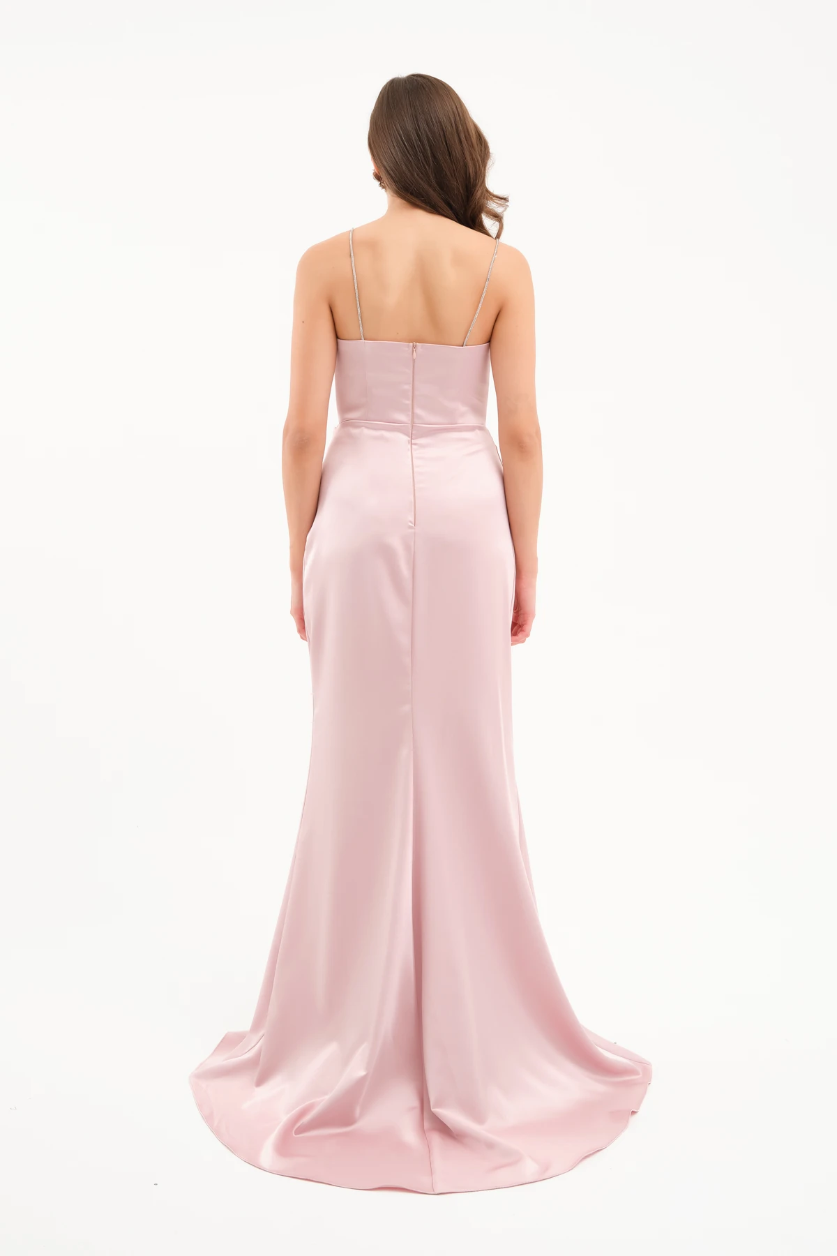 Kadın Taş Askılı Uzun Söz Nişan Abiye Elbise - Pudra