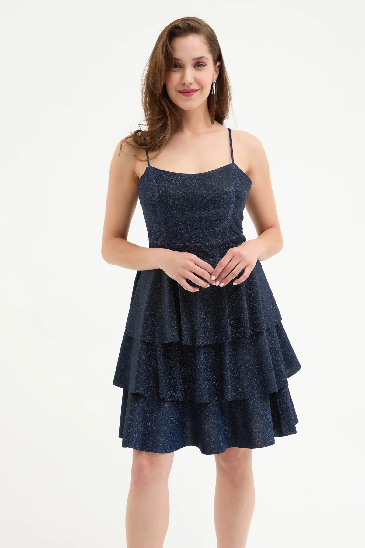 Kadın İnce Askılı Sırt Dekolteli Simli Mini Mezuniyet Elbisesi