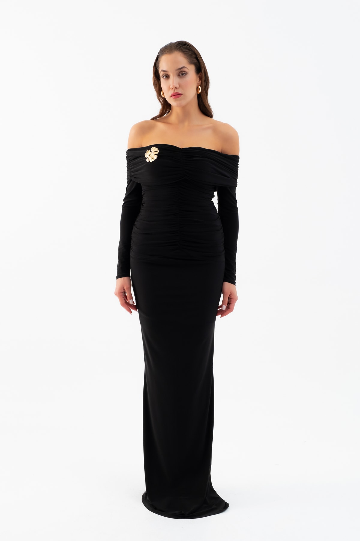 Kadın Büzgü Detay Uzun Elbise - Siyah