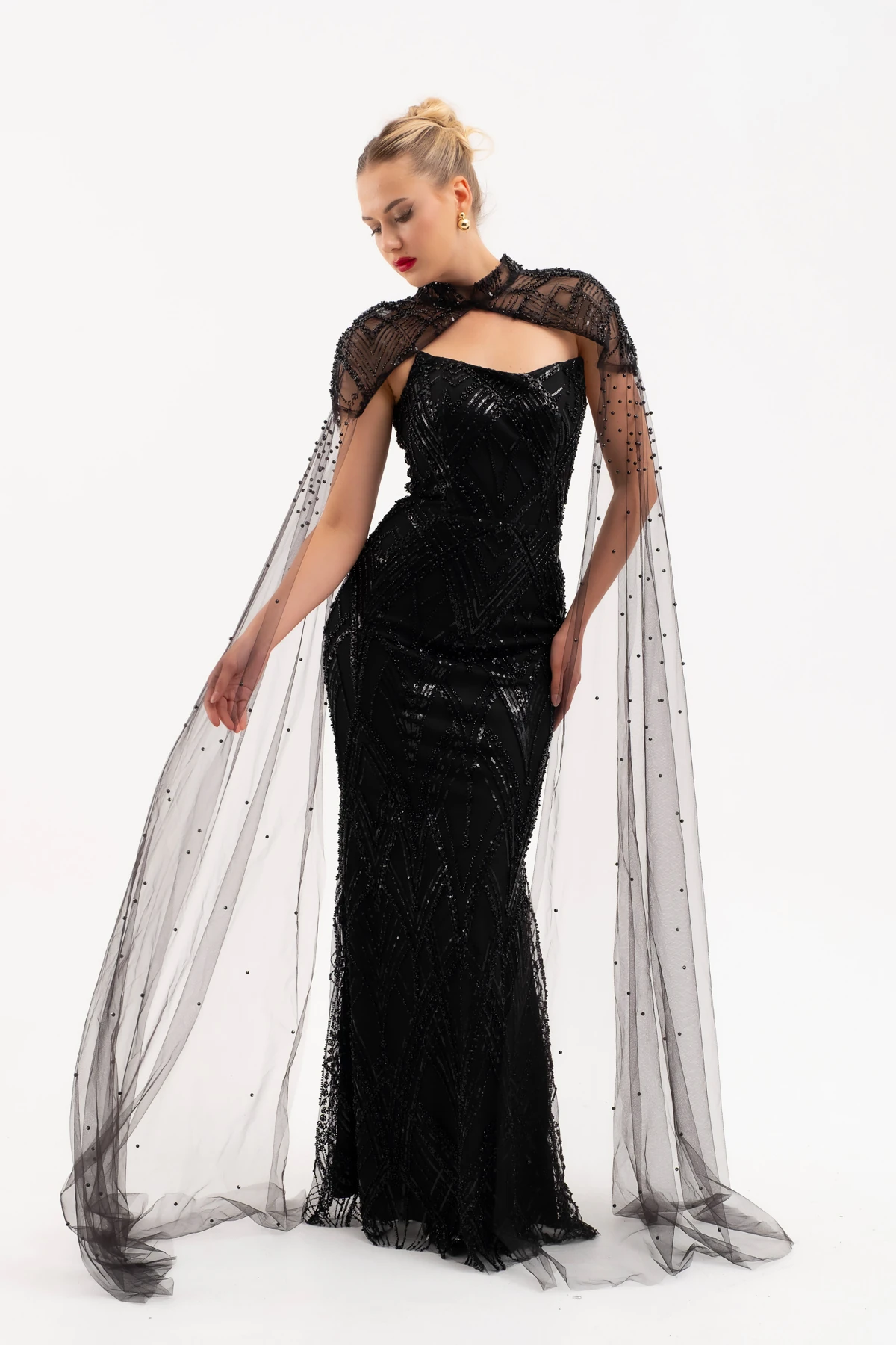 Kadın Şal Detay Boncuklu Uzun Abiye Elbise - Siyah