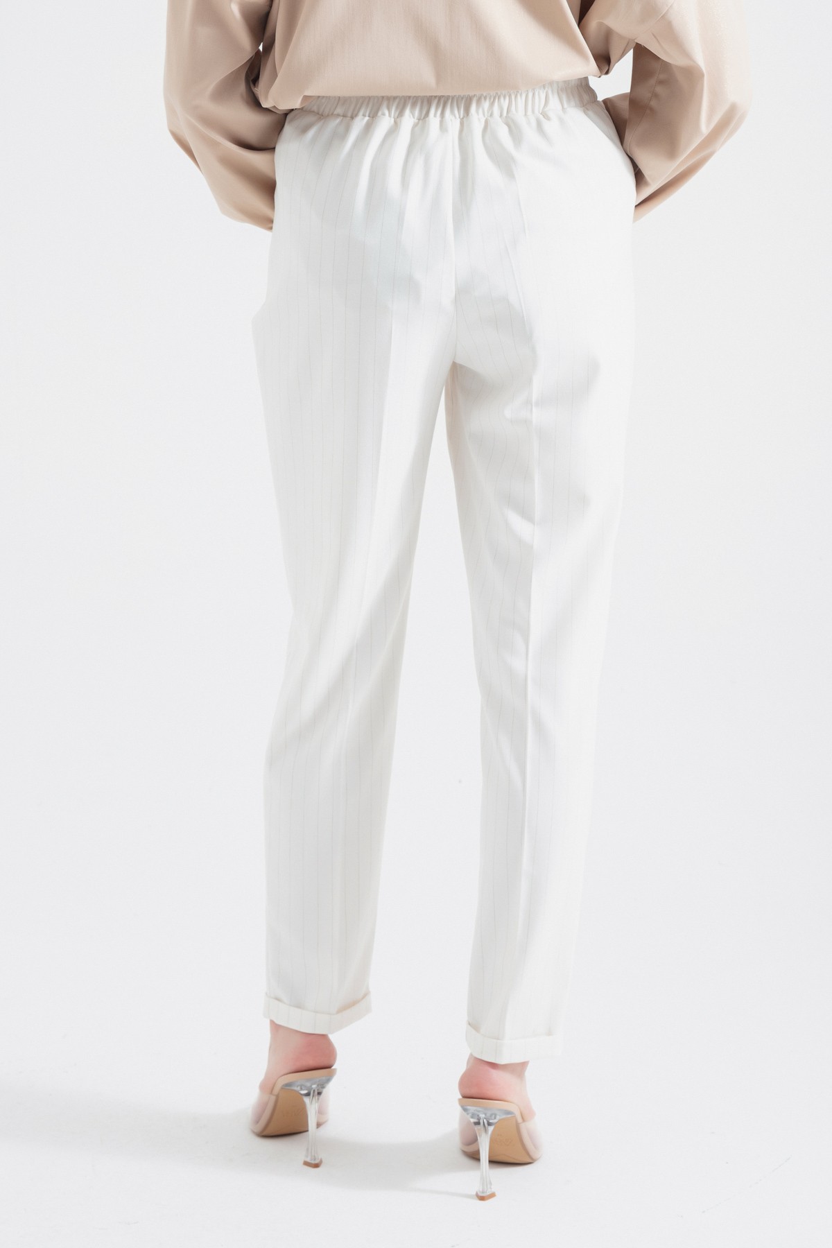 Kadın Çizgili Havuç Pantolon - Beyaz