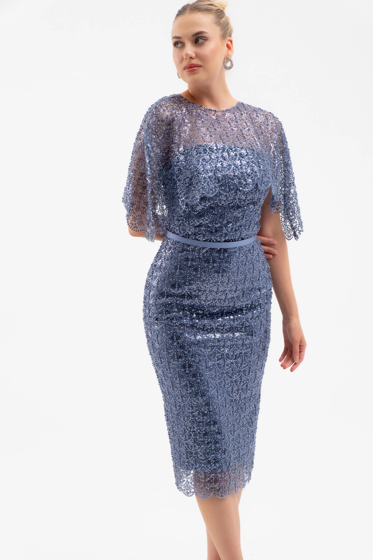 Kadın Bolero Detay Boncuklu Midi Söz Nişan Abiye Elbise - İndigo