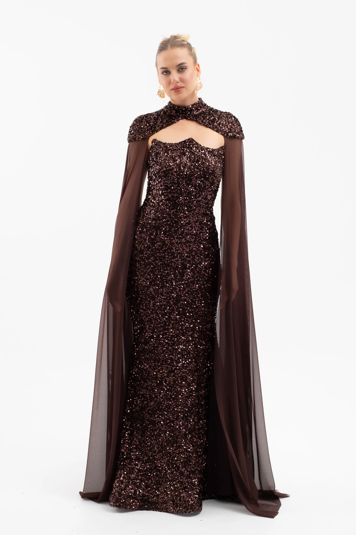 Kadın Tül Pelerinli Straplez Uzun Pullu Abiye Elbise