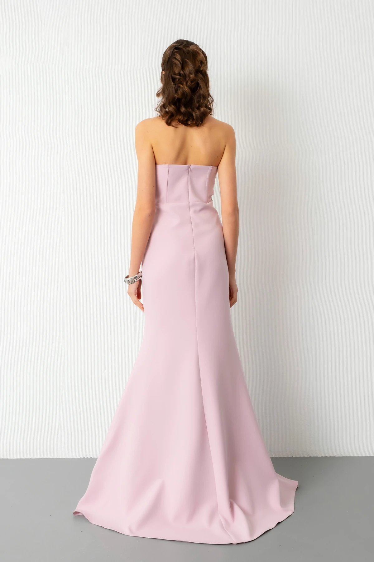 Kadın Straplez Taşlı Peplum Kesim Söz Nişan Nikah Abiye Elbise - Pudra