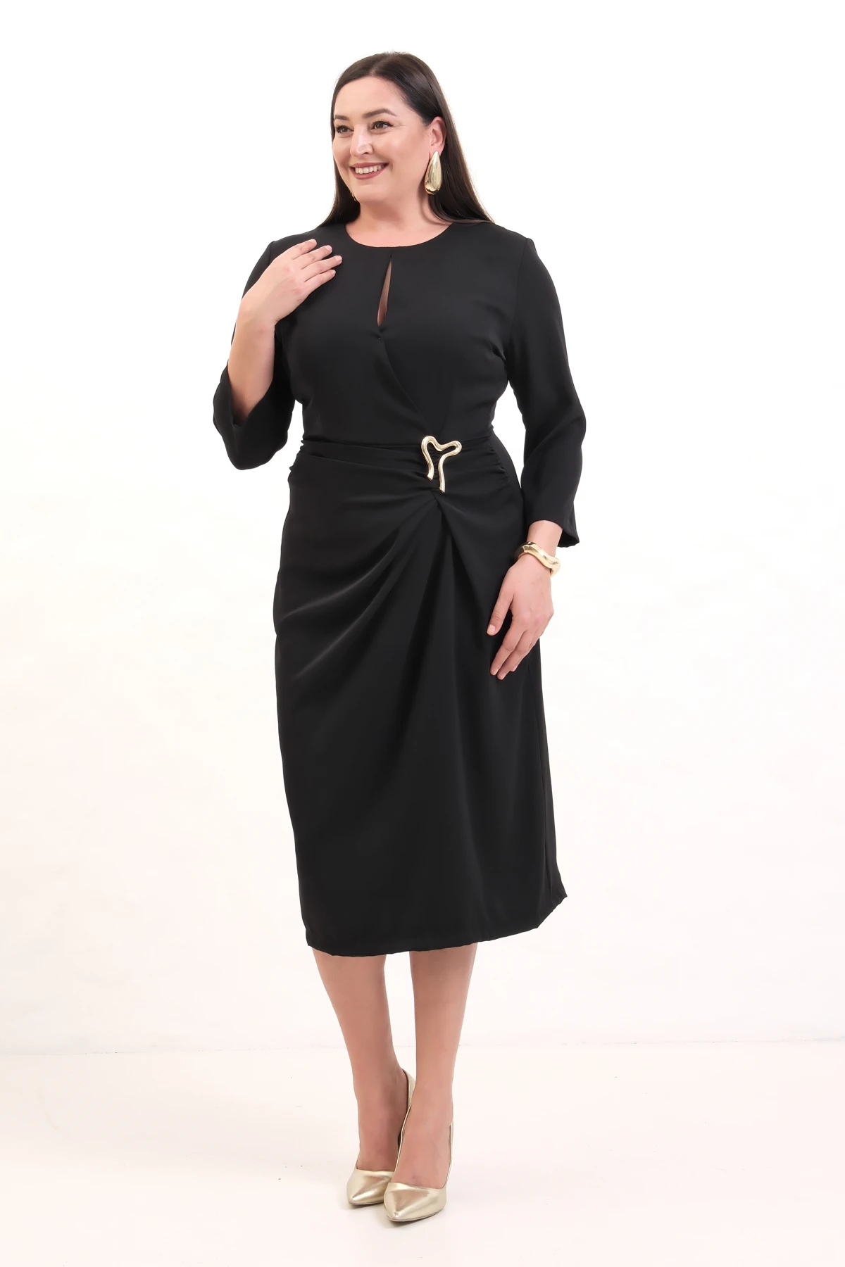 Kadın Aksesuar Detay Midi Elbise - Siyah