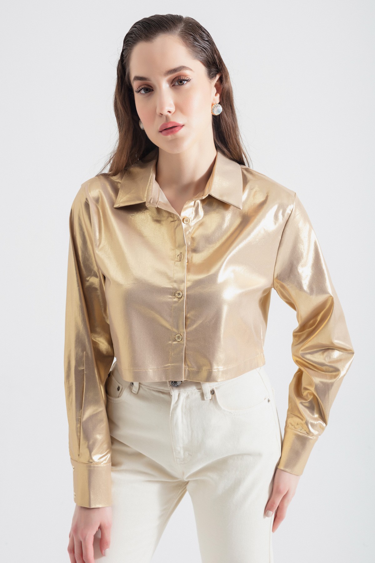 Kadın Parlak Dokulu Crop Gömlek - Gold