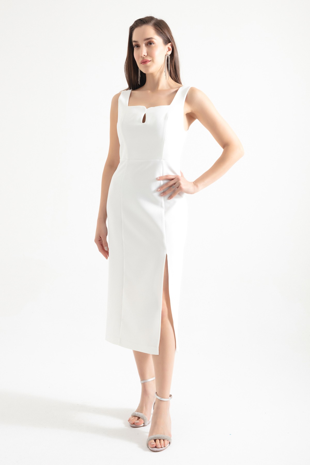 Kadın Kare Yaka Yırtmaçlı Midi Elbise - Beyaz