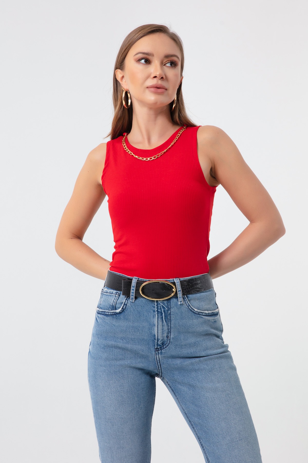 Kadın Zincir Kolyeli Örme Bluz - Kırmızı
