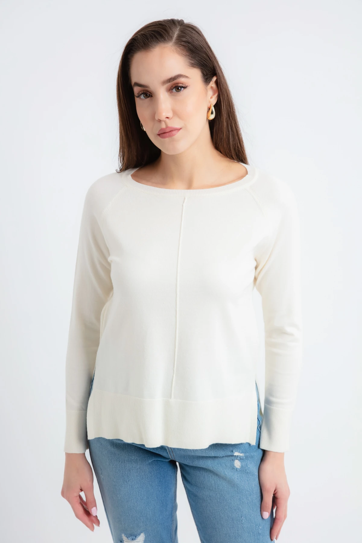 Kadın Kayık Yaka Yanları Yırtmaçlı Triko Kazak - Ekru