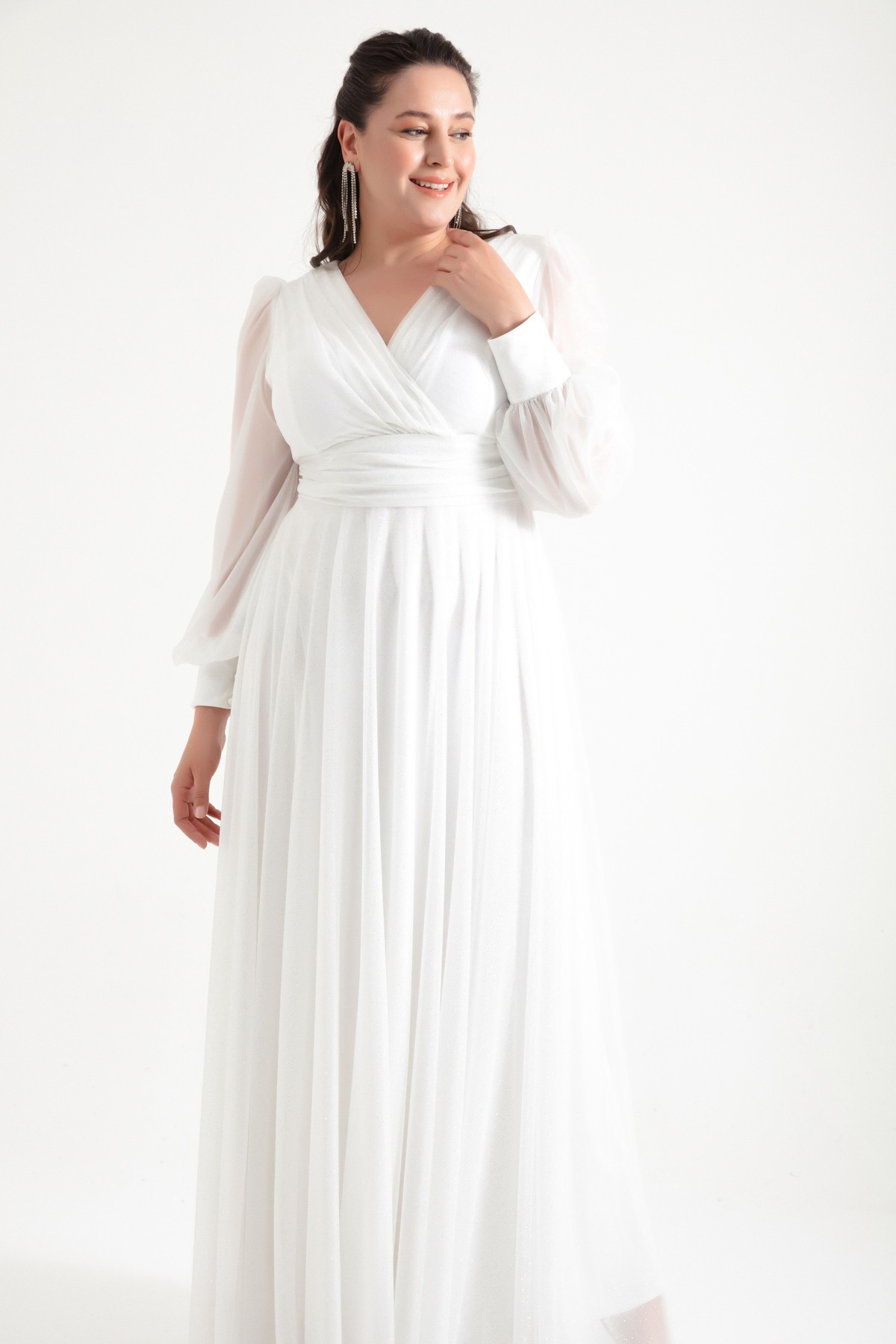 Kadın V Yaka Simli Uzun Büyük Beden Abiye Elbise - Beyaz
