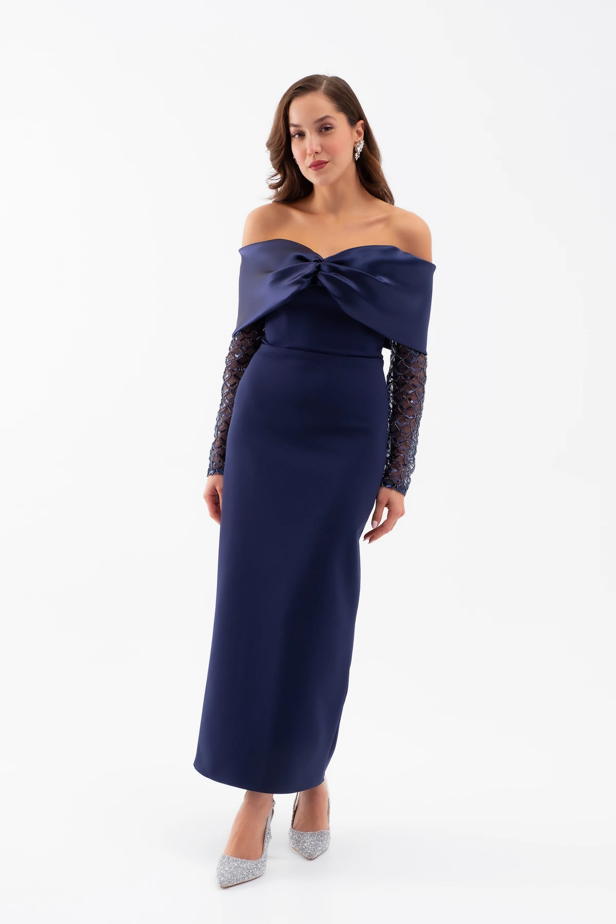 Kadın Kol Detaylı Fiyonklu Söz Nişan Nikah Abiye Elbise - Lacivert