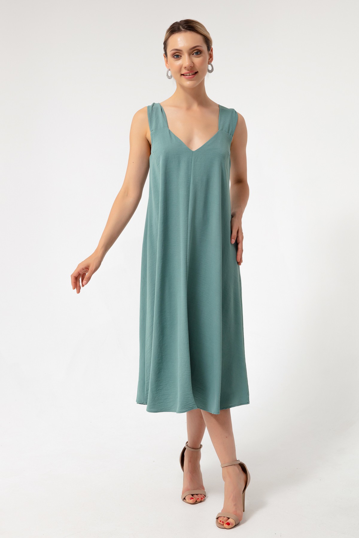 Kadın Kloş Kesim Midi Keten Elbise - Mint Yeşili