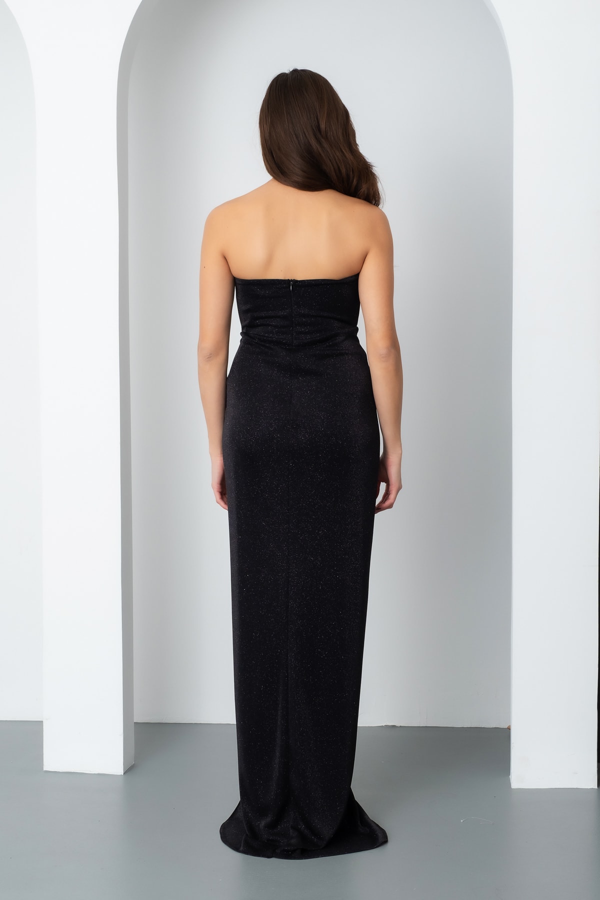 Kadın Straplez Simli Örme Abiye Elbise - Siyah