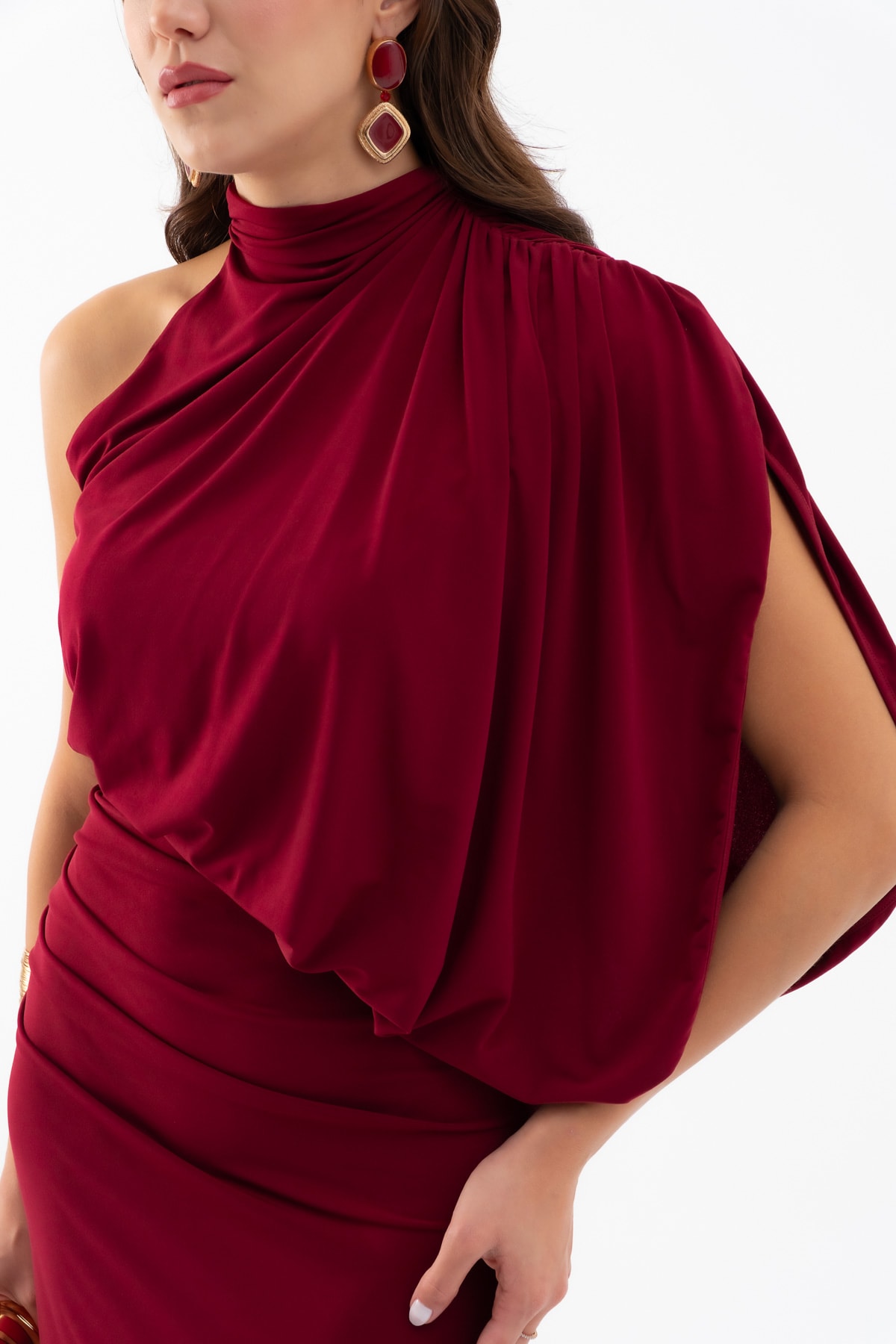 Kadın Tek Omuz Drape Detaylı Uzun Elbise