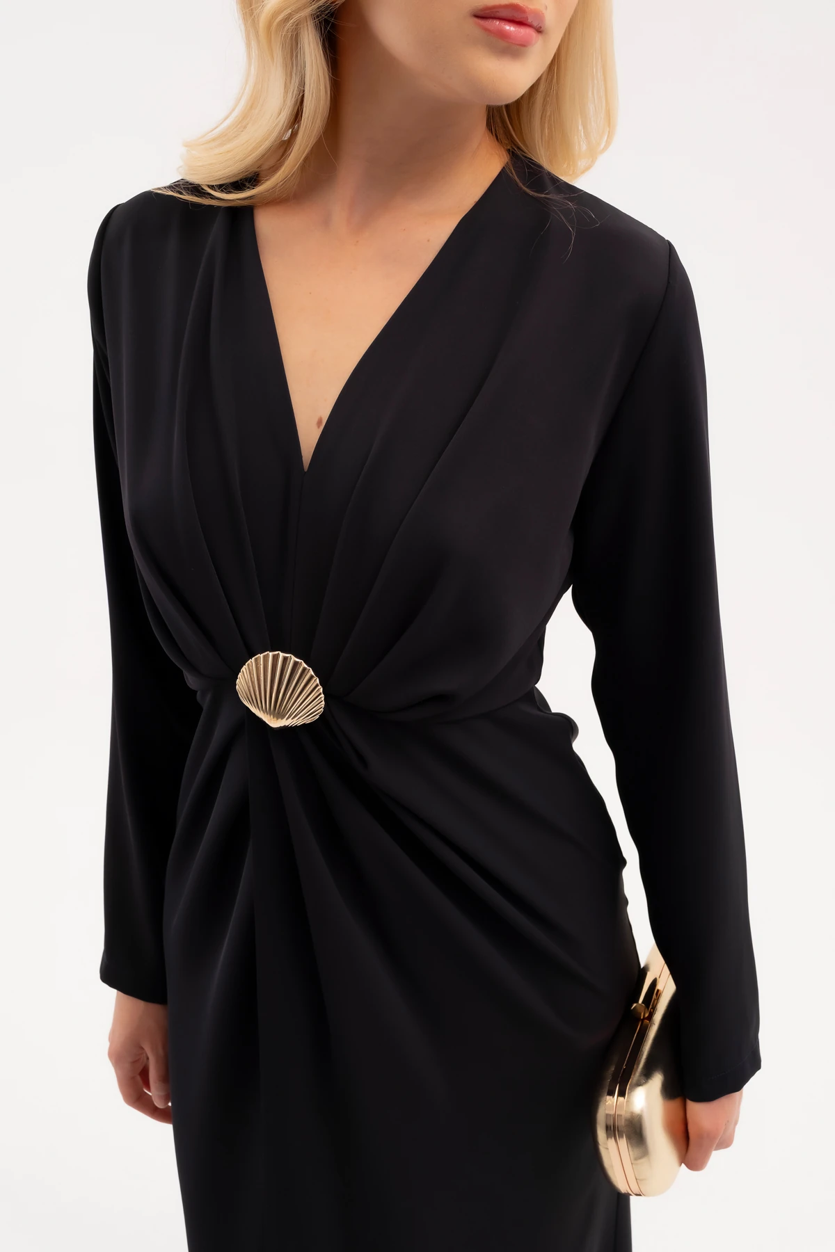 Kadın İstiridye Aksesuarlı Uzun Kol Elbise - Lacivert