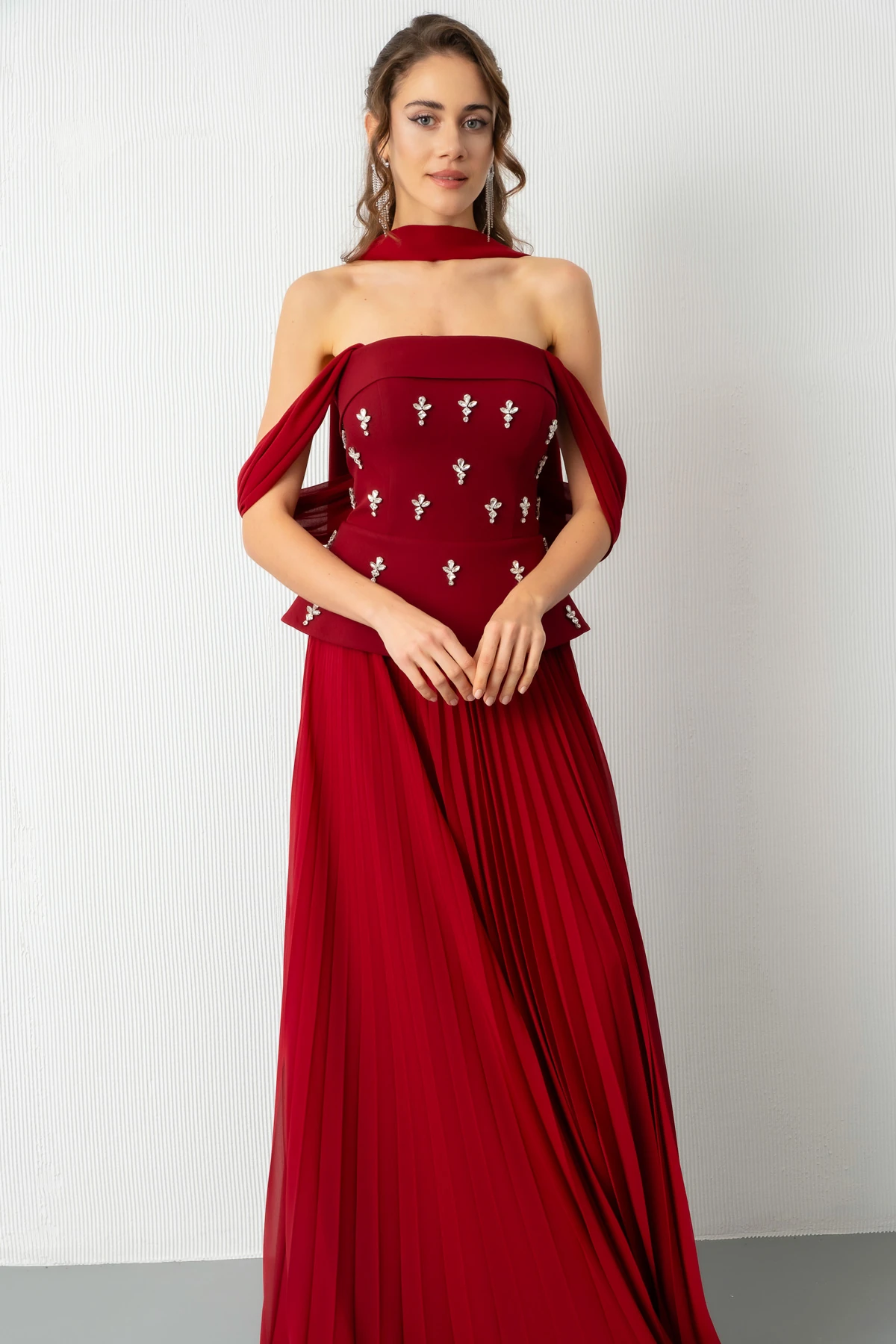 Kadın Straplez Yaka Taşlı Uzun Söz Nişan Nikah Abiye Elbise - Bordo