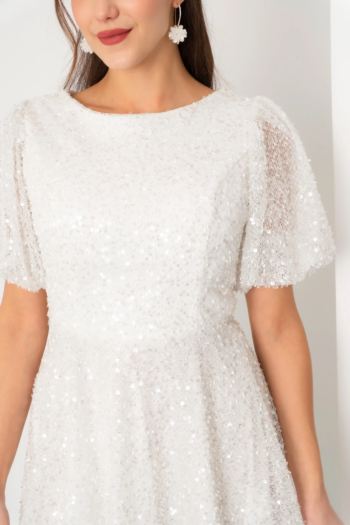 Kadın Balon Kol Pul Payet Midi Abiye Elbise - Beyaz