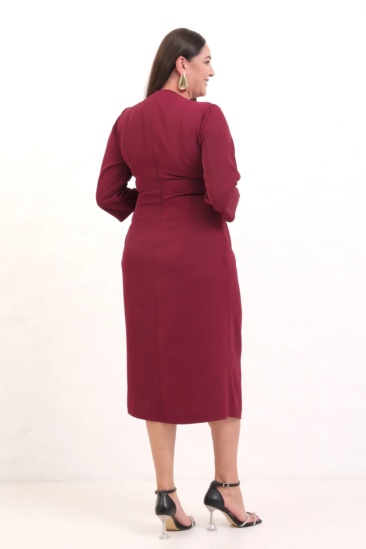 Kadın Kruvaze Yaka Boncuk İşlemeli Büyük Beden Midi Elbise - Bordo