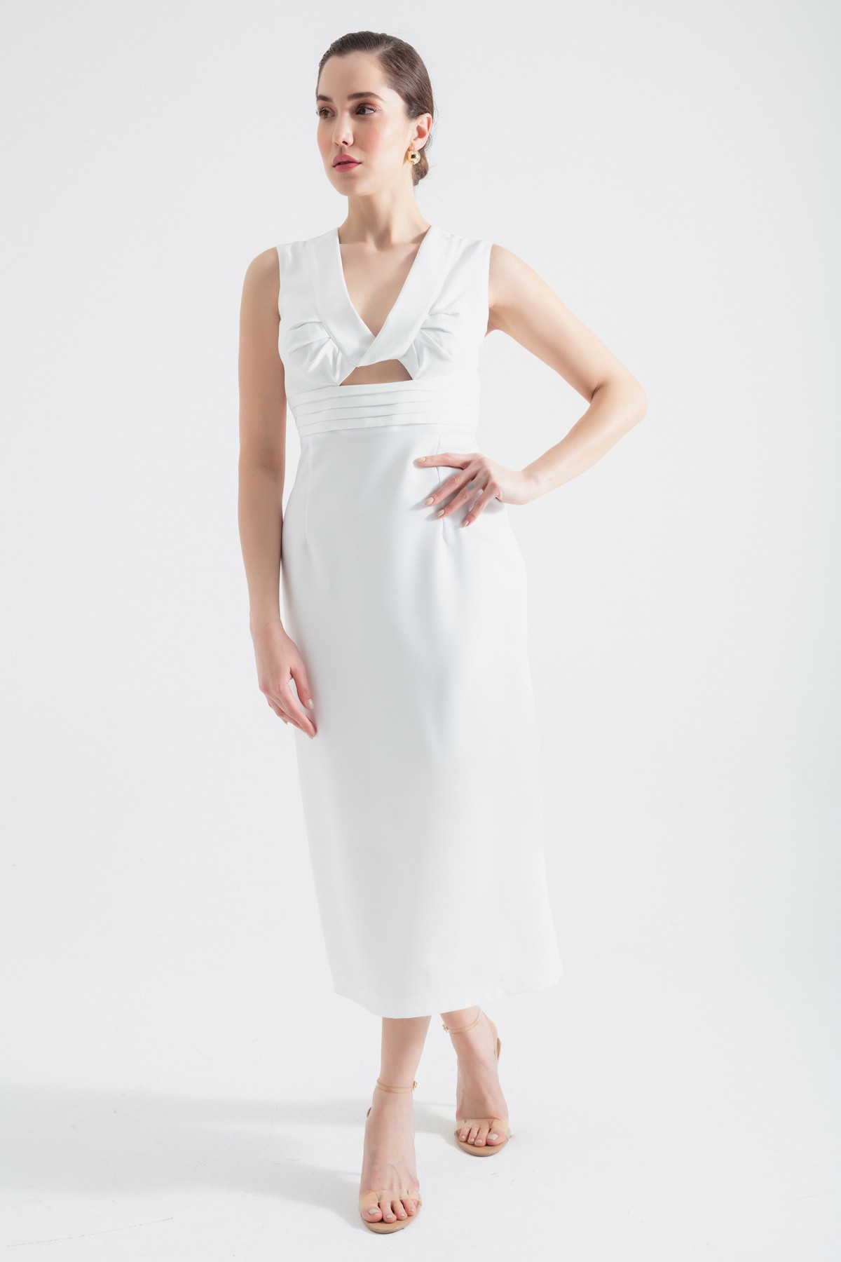 Kadın V Yaka Bel Dekolteli Midi Elbise - Beyaz
