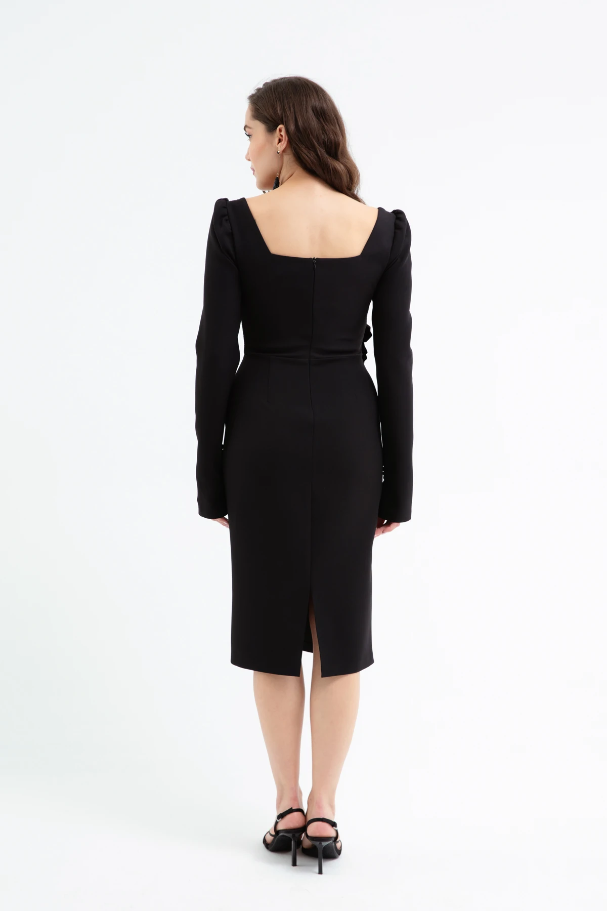 Kadın Gül Detaylı Uzun Kol Söz Nişan Nikah Abiye Elbise - Siyah