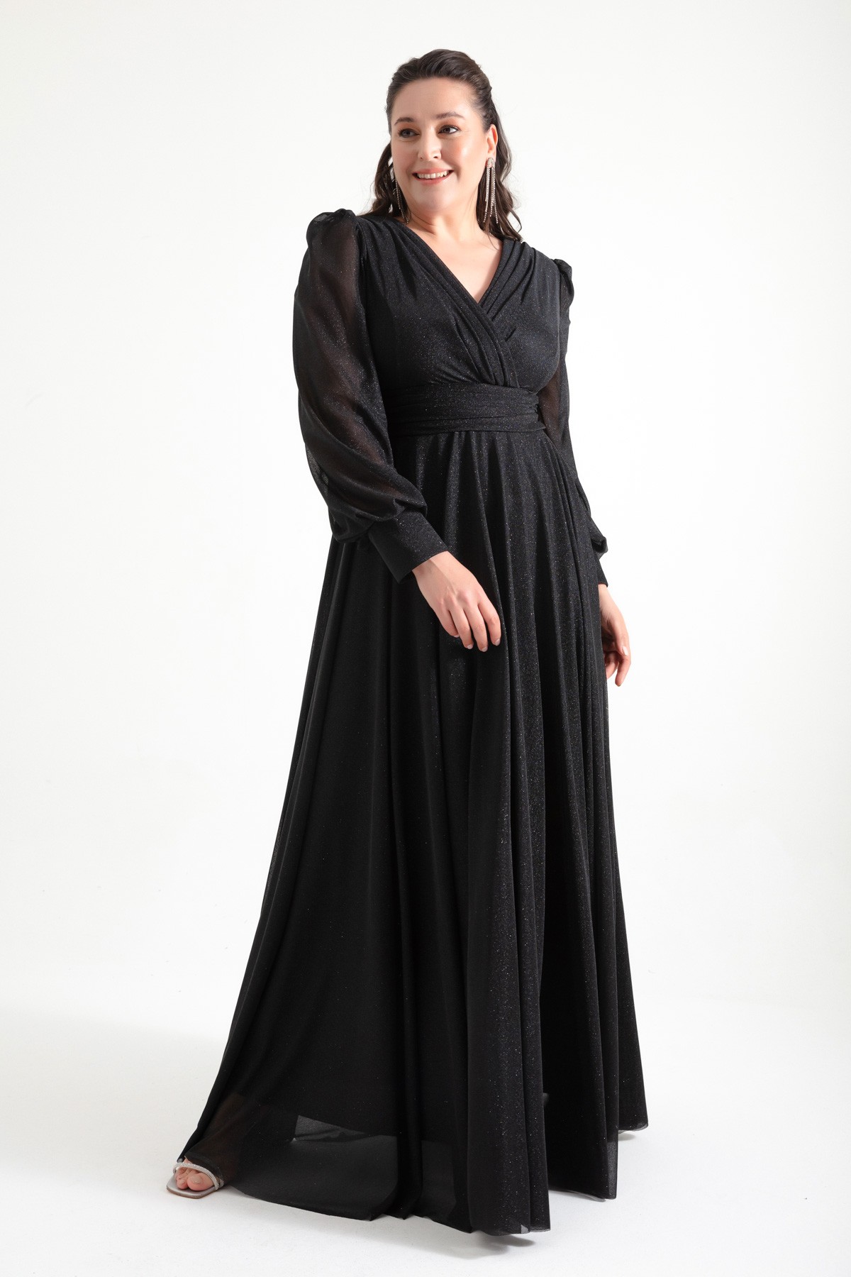 Kadın V Yaka Simli Uzun Büyük Beden Abiye Elbise - Siyah