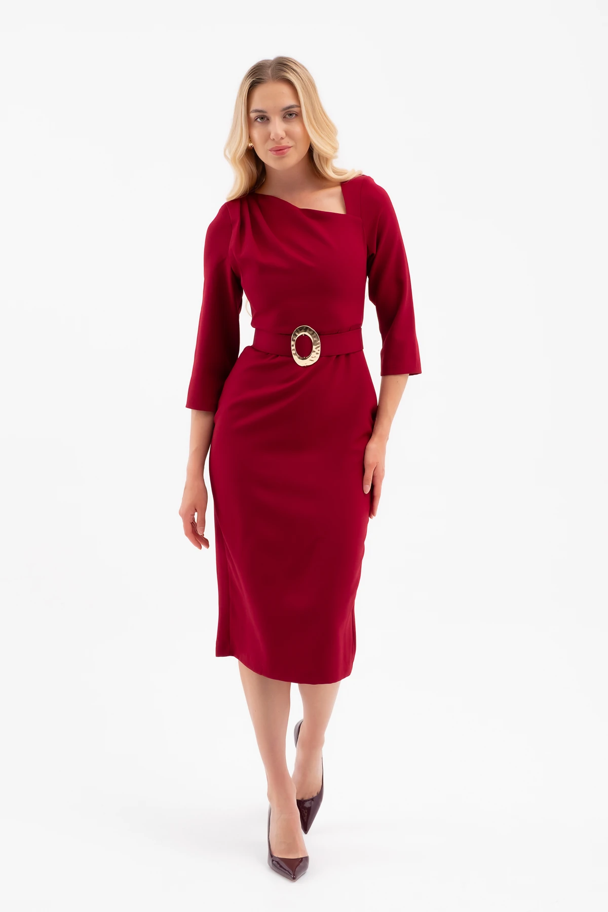 Kadın Kemer Detay Midi Davet Elbisesi - Bordo