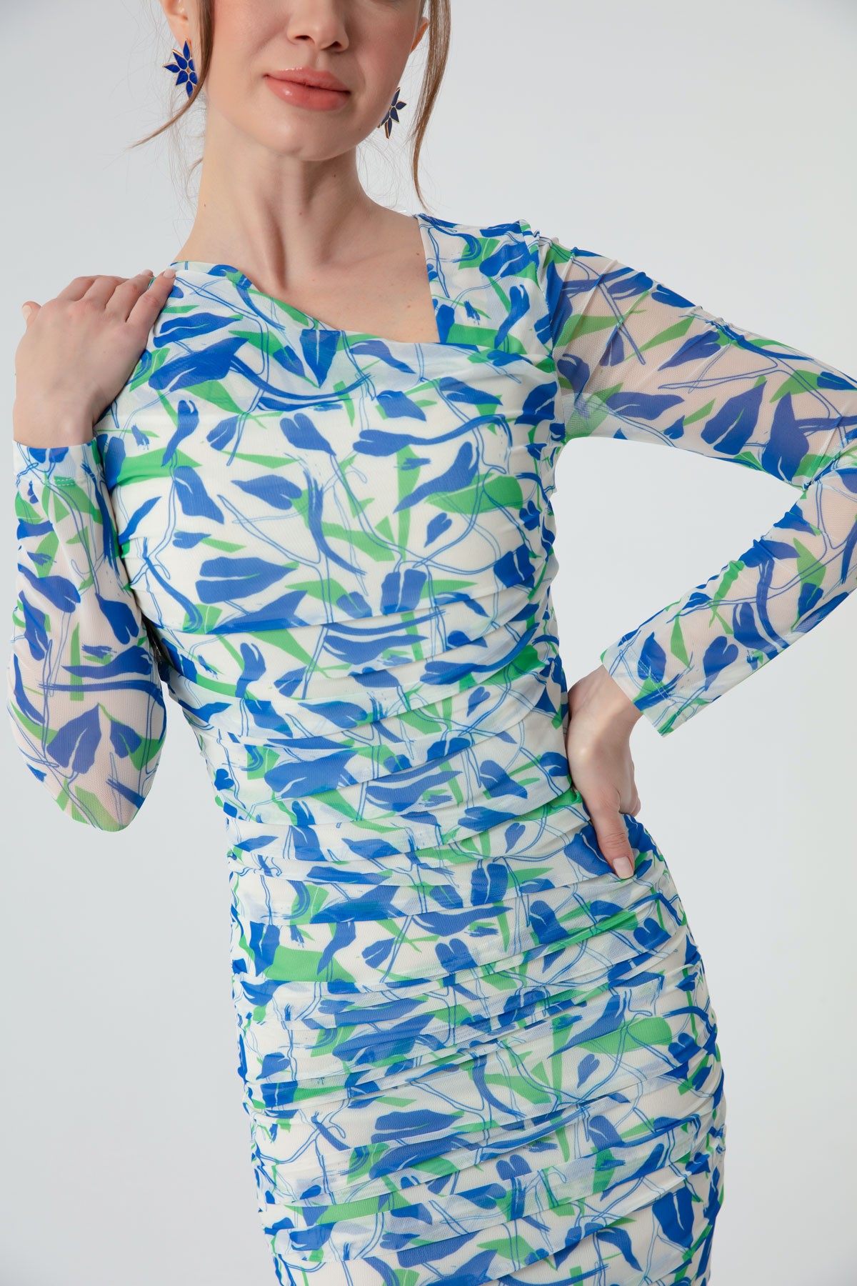 Kadın Desenli Mini Elbise - Mint Yeşili