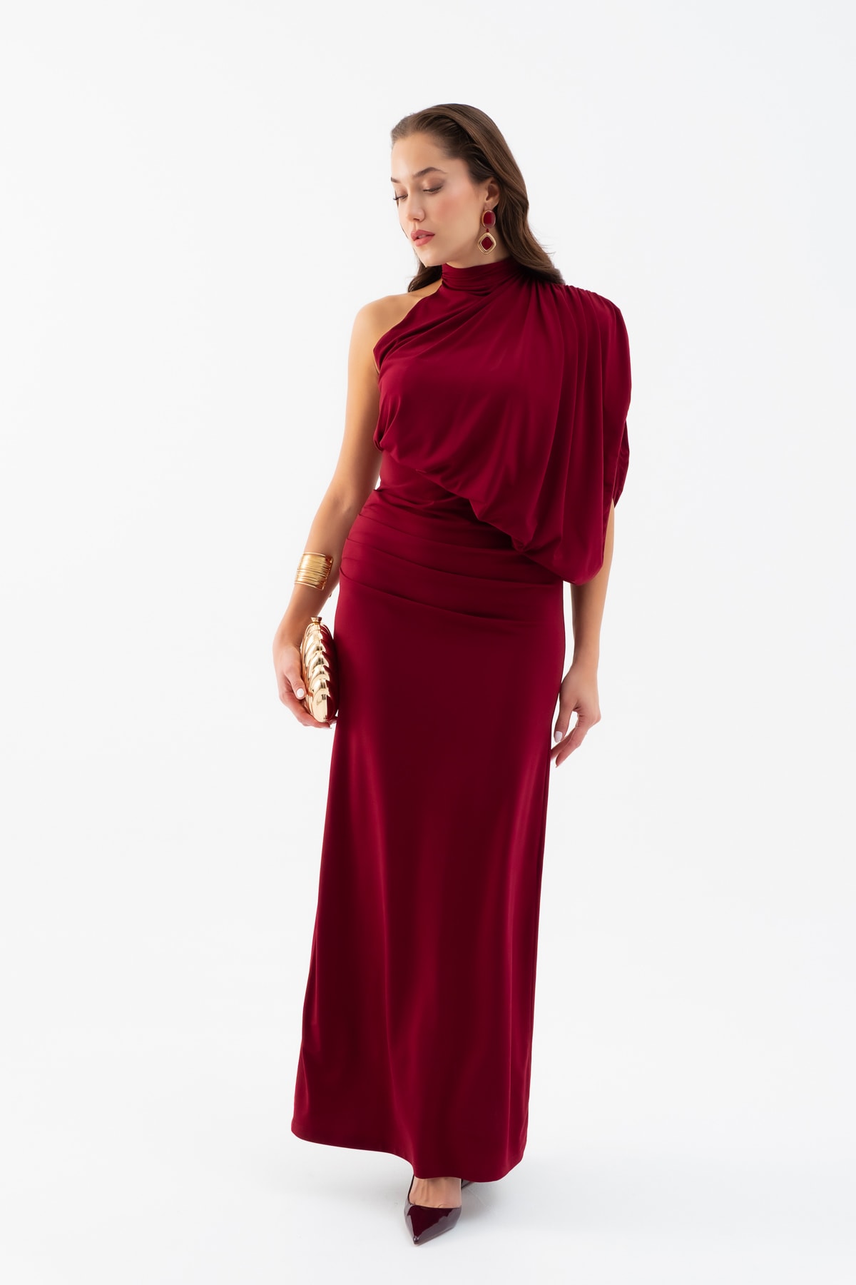 Kadın Tek Omuz Drape Detaylı Uzun Elbise