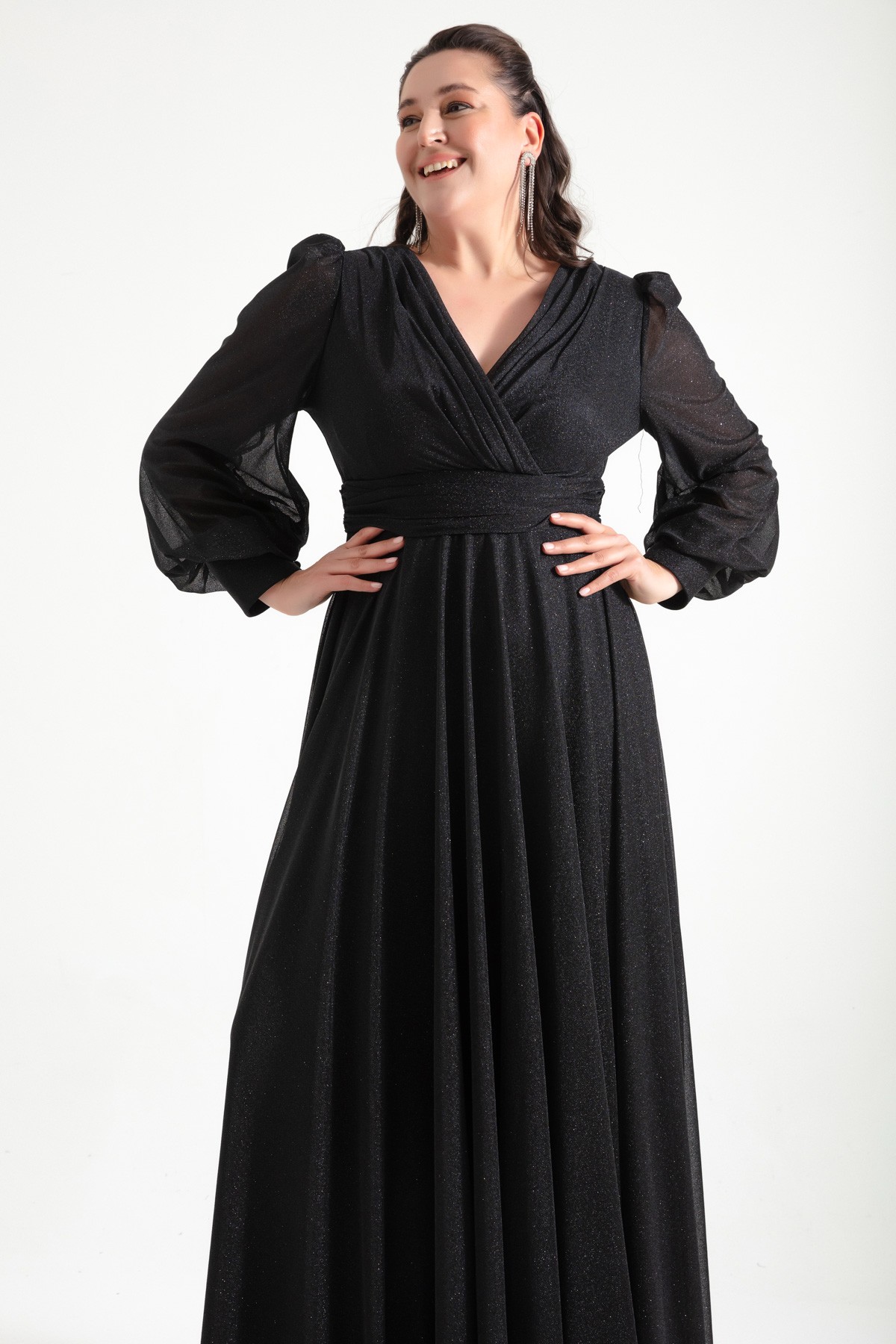 Kadın V Yaka Simli Uzun Büyük Beden Abiye Elbise - Siyah