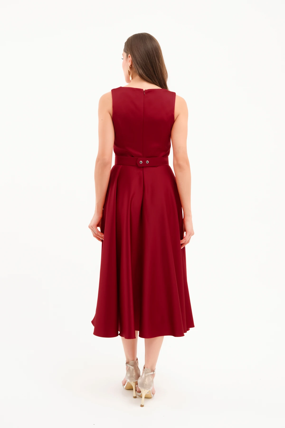 Kadın Kalın Askılı Kemerli Midi Abiye Elbise