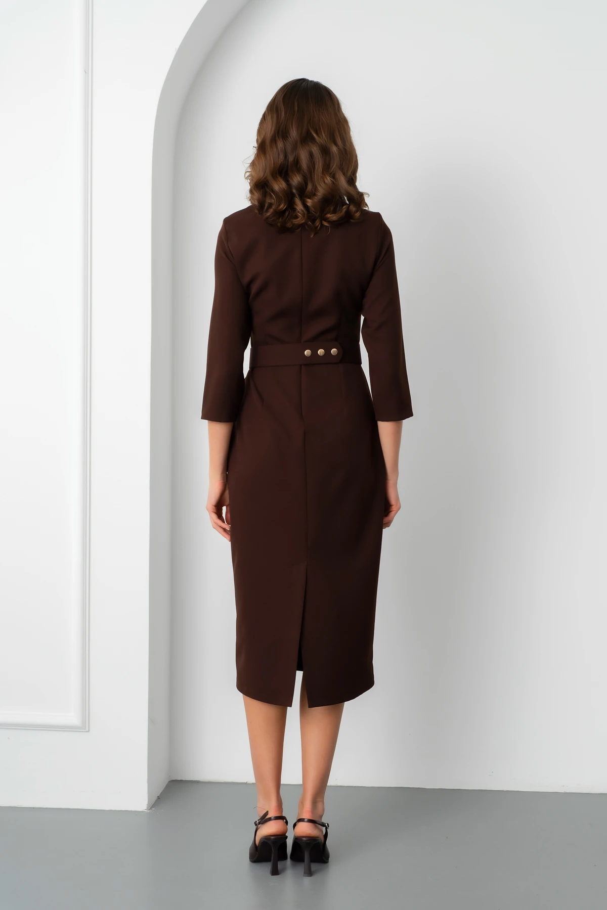 Kadın Kemer Detay Midi Davet Elbisesi - Kahverengi