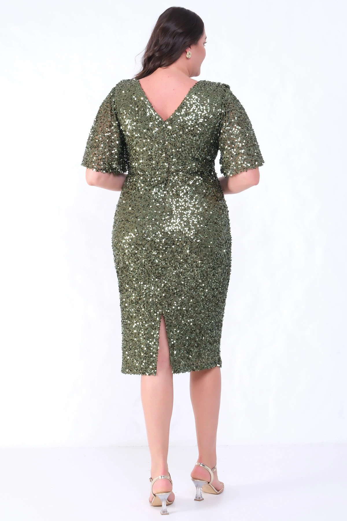 Kadın Degaje Yaka Pul Payet Büyük Beden Abiye Elbise - Haki