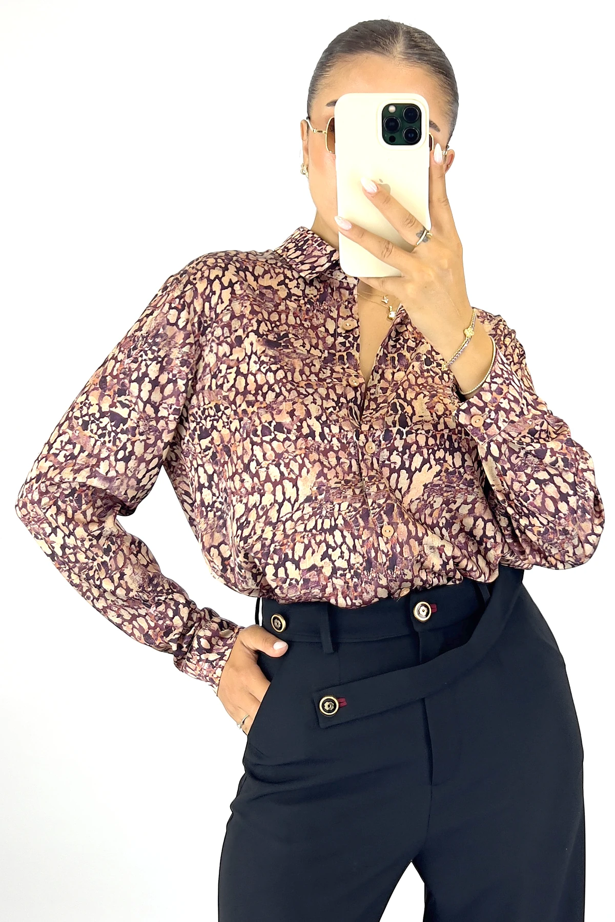 Kadın Uzun Kollu Desenli Saten Gömlek - Pembe