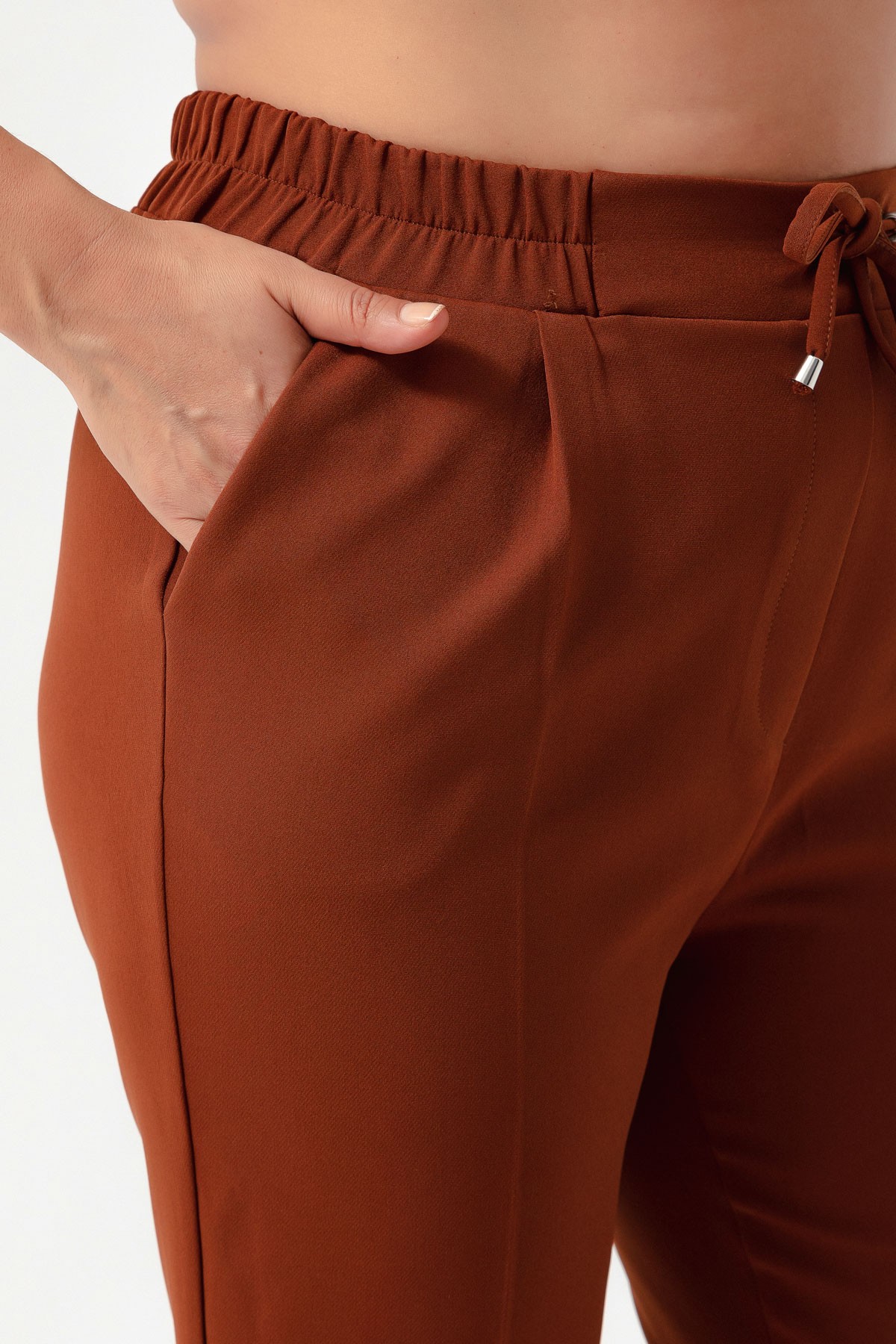 Kadın Beli Lastikli Büyük Beden Pantolon - Kahverengi