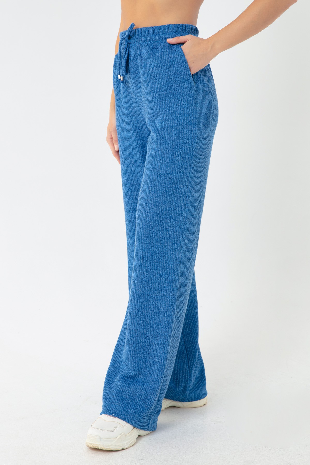 Kadın Beli Lastikli Örme Pantolon - Mavi