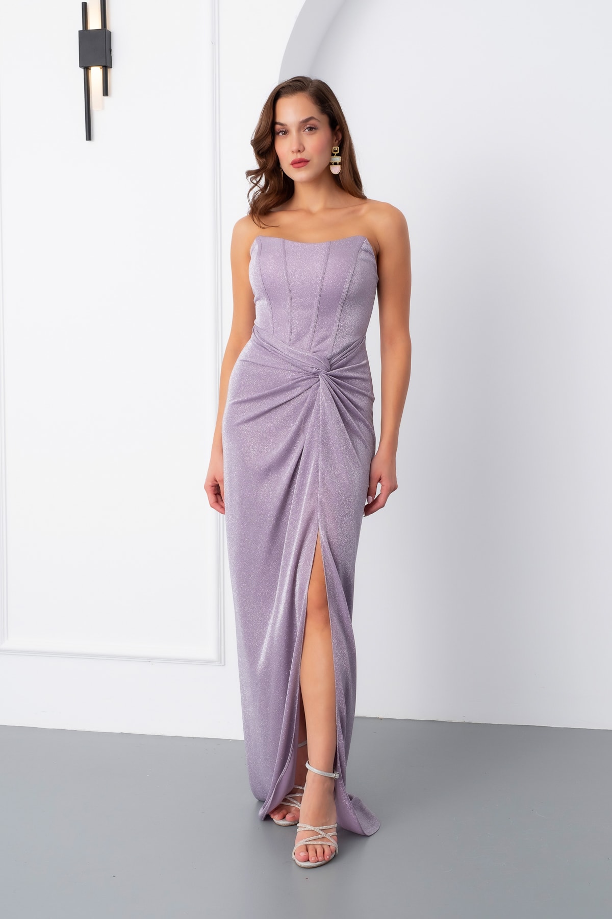 Kadın Straplez Simli Örme Abiye Elbise - Pudra