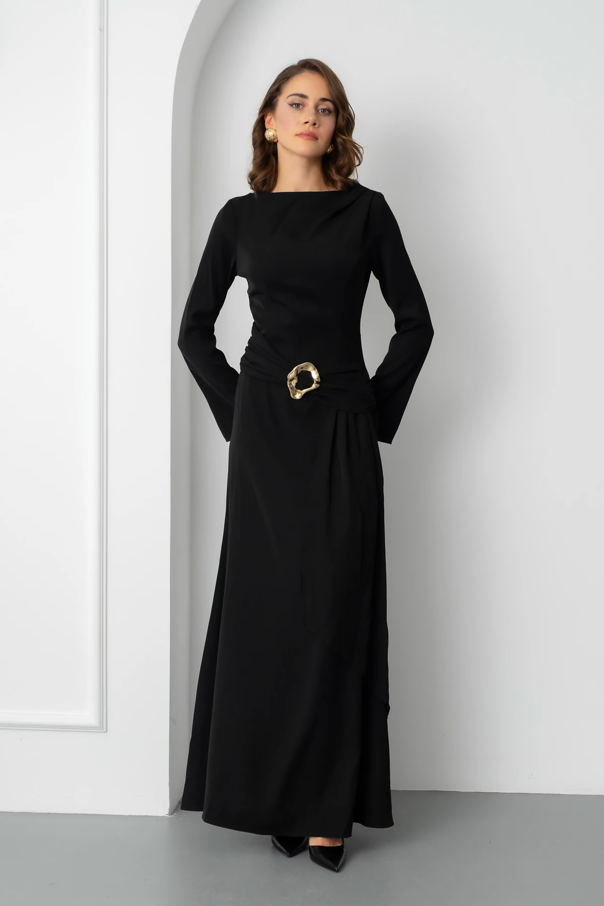 Kadın Aksesuar Detay Uzun Elbise - Siyah